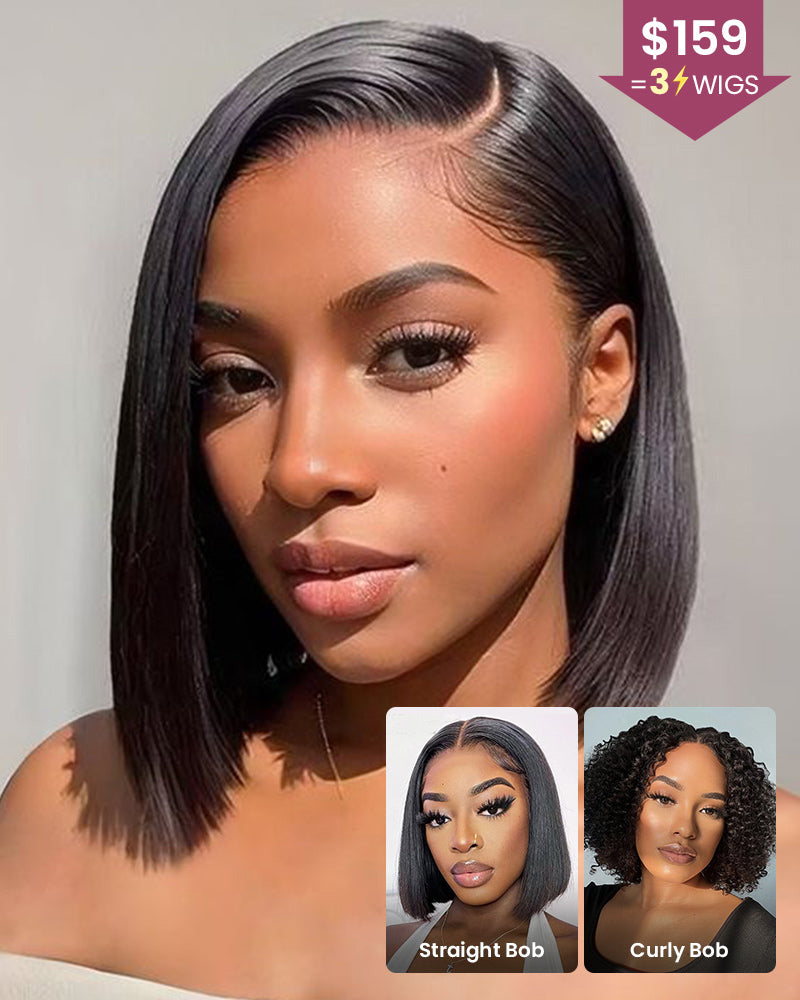 【$159=3 Wigs Bundle Deal】 Minimalist Lace Straight/Curly Chic Bob Style Pre-Bleached Knots Easy-Wear Human Hair Wig