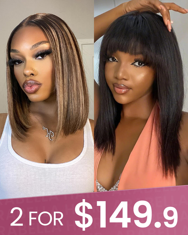 12&quot; 6x5 Lace Highlights Straight Bob Wig + 14&quot; Straight Bob Wig With Bangs