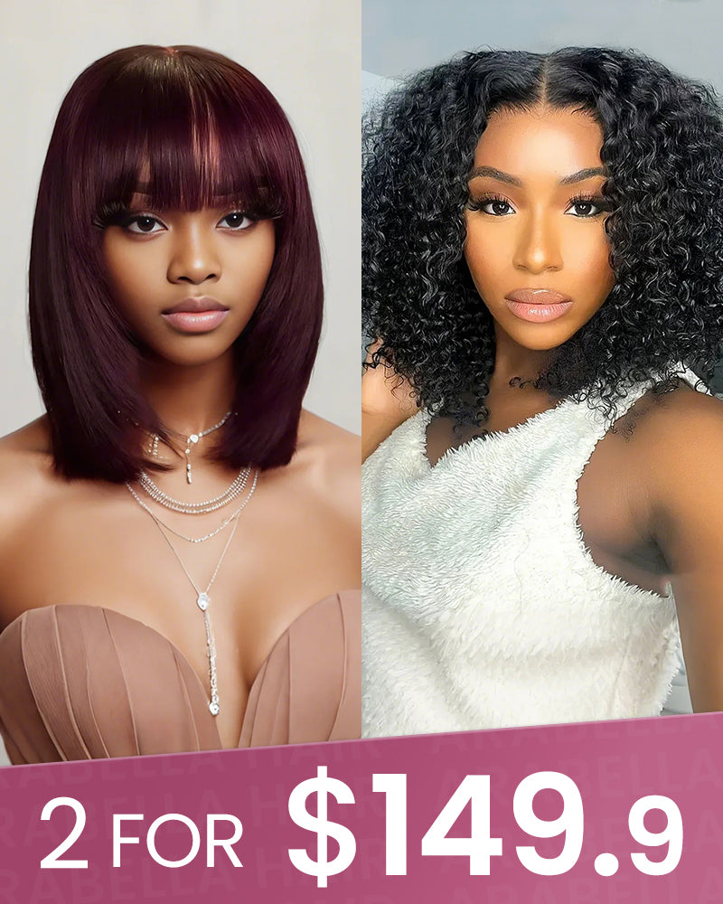 14&quot; V-Part Deep Curly Bob Wig + 12&quot; Reddish Purple Burgundy Layered Straight Wig With Bangs