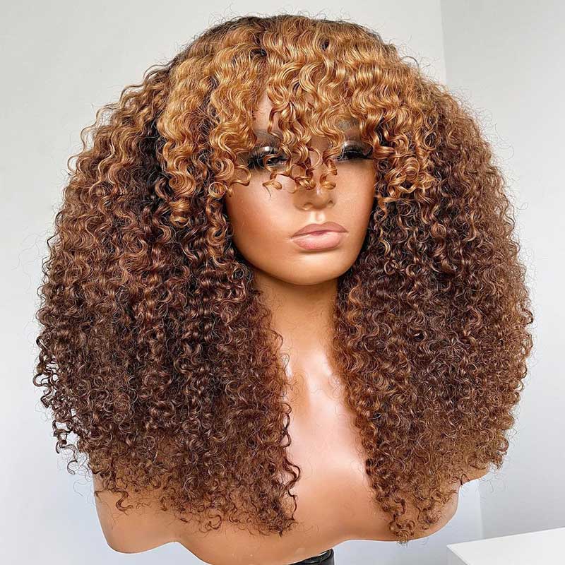 P4/27 Ombre Afro Kinky Curly Wig With Bangs Full Machine Made Wigs Remy Hair