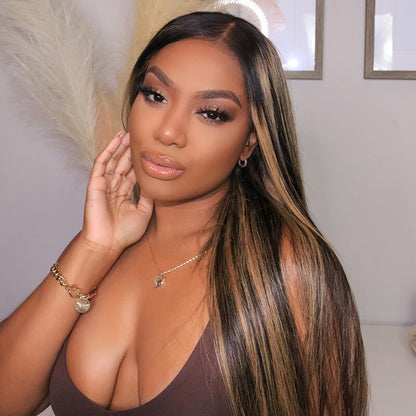 000[flash sale]26" 5x5 Glueless Lace Straight Balayage Highlight Lace Front Colored Human Hair Wig