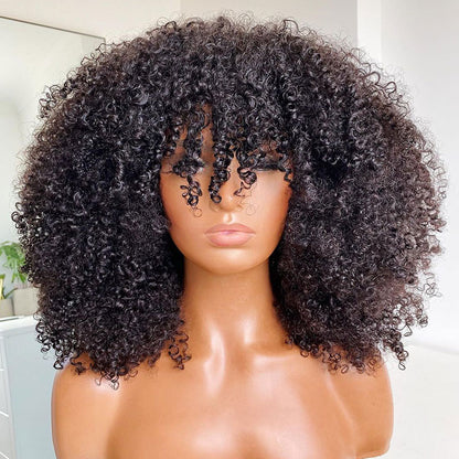 Afro Kinky Curly Wig With Bangs Natural Black Full Machine Made Wigs Remy Hair