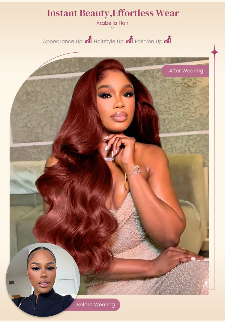 Before and After Wearing Reddish Brown Wig on Woman