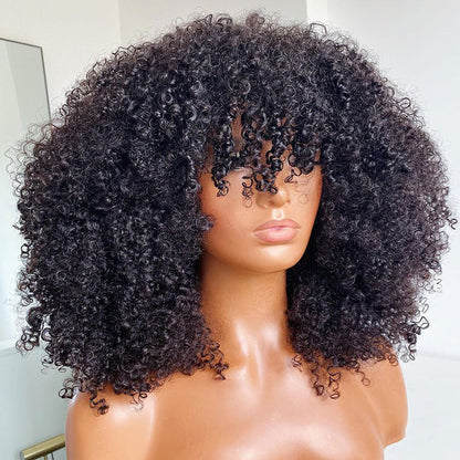 Afro Kinky Curly Wig With Bangs Natural Black Full Machine Made Wigs Remy Hair