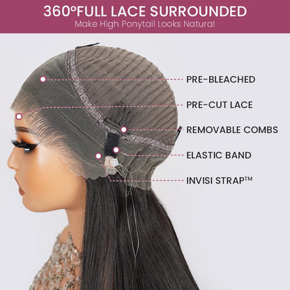 360 Lace Frontal Natural Black Long Straight Wig Free Part Ponytail Style Human Hair Wig -Arabella Hair Wigs Arabella Hair 