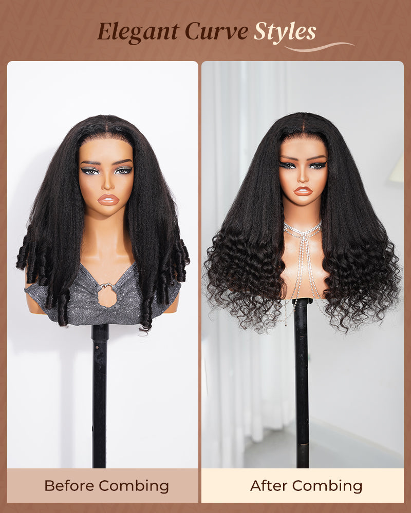 Arabella 3D Lace Half Wig Yaki Straight With Finger Coil Ends Wig Natural Black Breathable &amp; Security