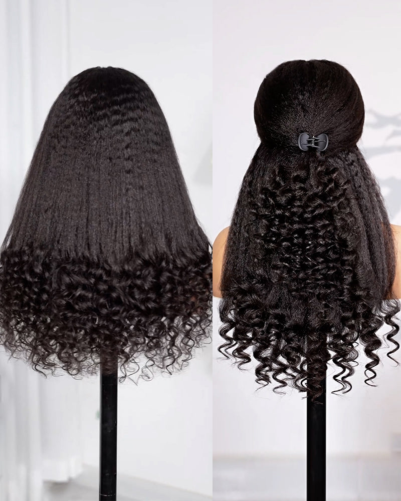 Arabella 3D Lace Half Wig Yaki Straight With Finger Coil Ends Wig Natural Black Breathable &amp; Security