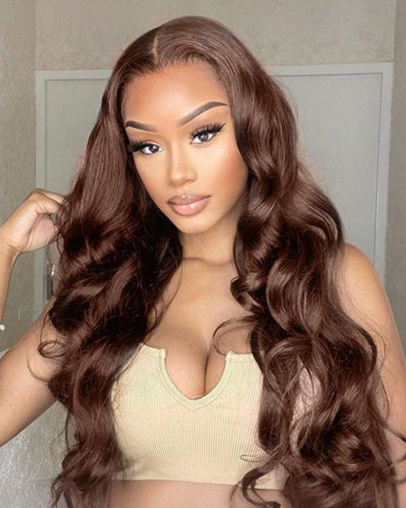Arabella 13x4 Frontal Lace &amp; 6x5 Invisible Knots Glueless Chocolate Brown Body Wave/Silky Straight Wig Invisible Knots Realistic Hairline