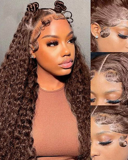 Glueless 13x4 Chestnut Dark Brown Lace Front Water Wave Glueless Wig Pre Plucked Human Hair Wigs