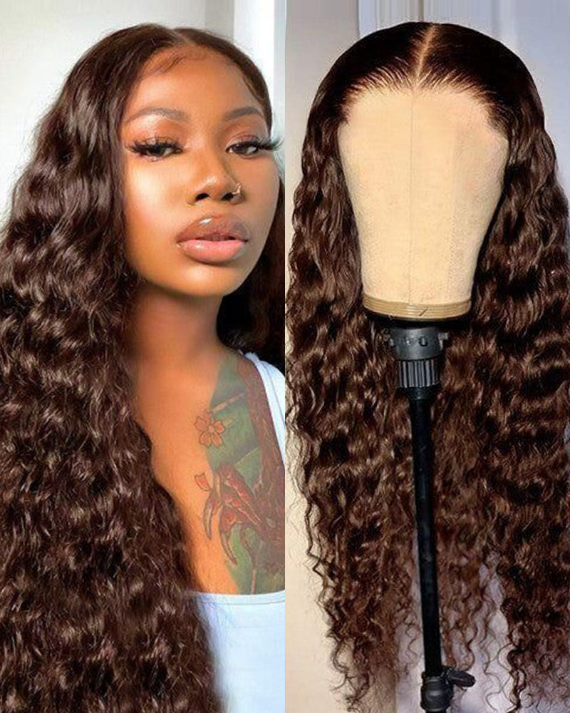 Glueless 13x4 Chestnut Dark Brown Lace Front Water Wave Glueless Wig Pre Plucked Human Hair Wigs