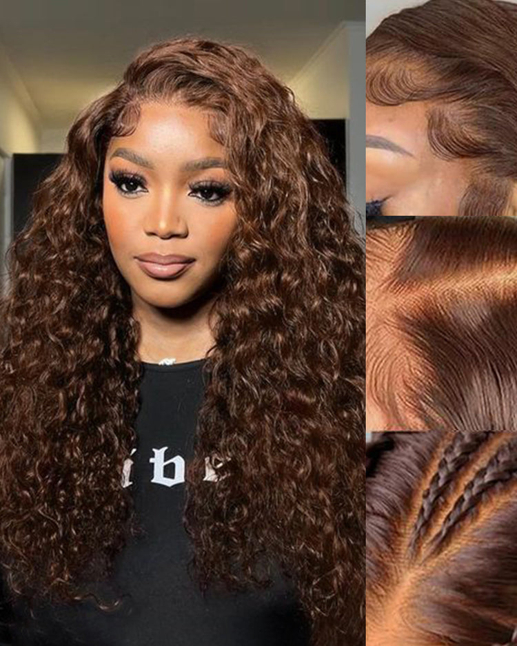 【$299 = 2 WIGS】Arabella 13x4 Frontal Lace &amp; 6x5 Invisible Knots Glueless Chocolate Brown Water Wave Wig Invisible Knots Realistic Hairline