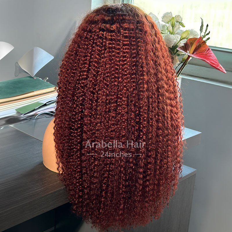 6x5 Afro Curly Easy-Wear Glueless Pre-Cut Lace Ombre Brown Color With Reddish Brown Colored Bleached Knots Middle Part Human Hair Wigs