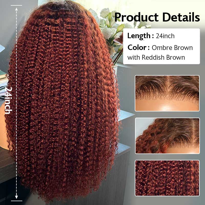 6x5 Afro Curly Easy-Wear Glueless Pre-Cut Lace Ombre Brown Color With Reddish Brown Colored Bleached Knots Middle Part Human Hair Wigs