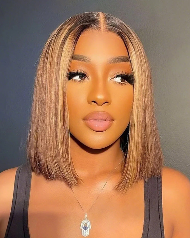 Minimalist Short Bob: Honey Blonde Highlights 13x4 Lace Front Straight Human Hair Wig