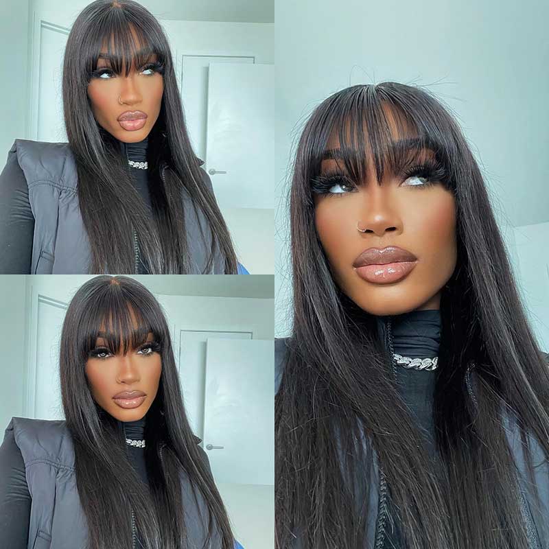 【Super Sale】Straight With Bangs Wig Non-Lace Machine Made Natural Black Protective Style Human Hair Wigs