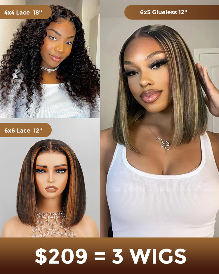 $209 = 3 WIGS | 12inch 6x6 Lace Straight Auburn Highlights On Black Hair Plus 12inch 6x5 Glueless Straight Auburn Highlights On Black Hair Plus 18inch 4x4 Lace Deep Wave Natural Black