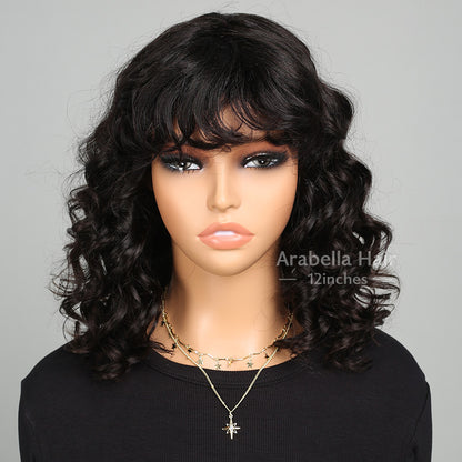 Minimalist Short Bob: Loose Wavy Wig with Bangs - Glueless, Non-Lace, Machine Made