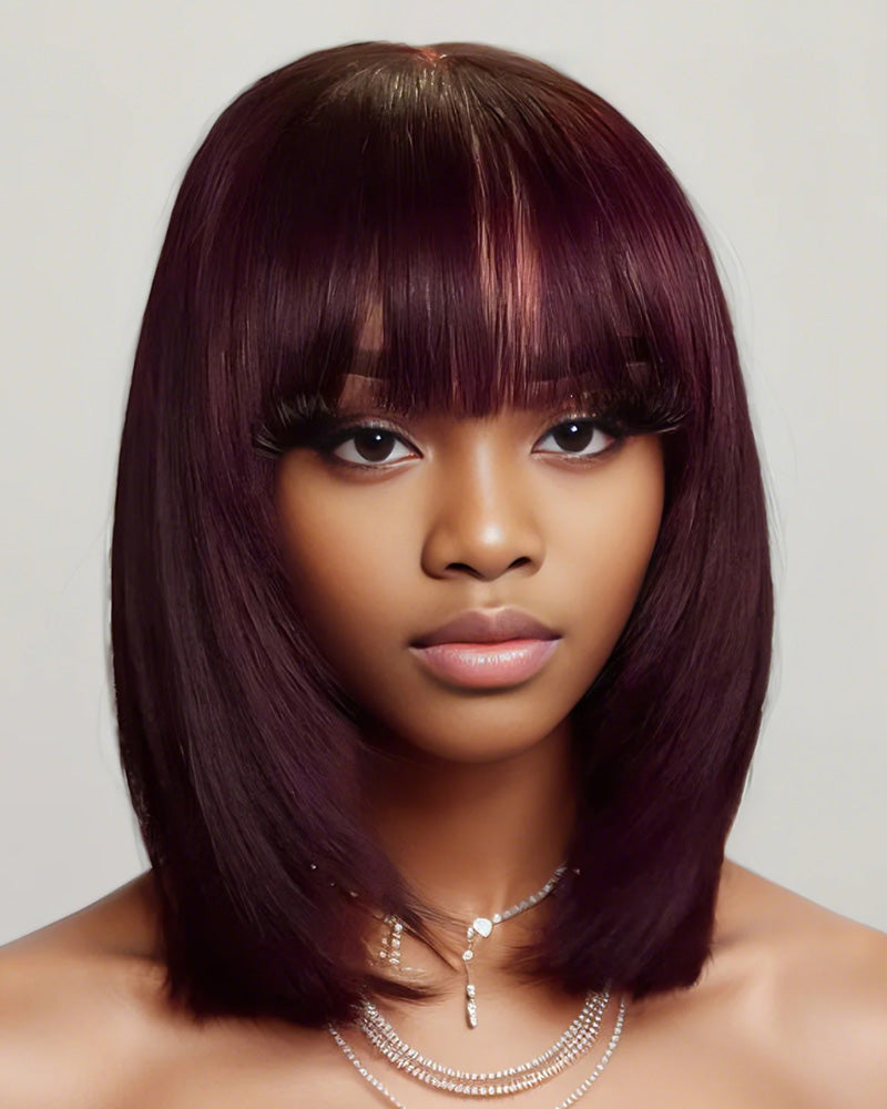 14&quot; V-Part Deep Curly Bob Wig + 12&quot; Reddish Purple Burgundy Layered Straight Wig With Bangs