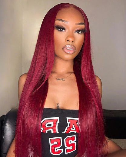 13x4 Lace Burgundy 99J Red Colored Straight Pre-Plucked Lace Frontal Human Hair Wigs