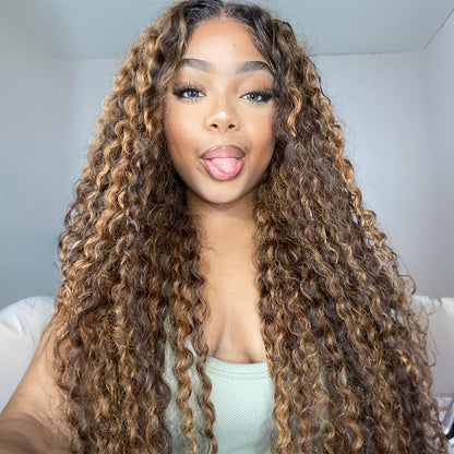 Glueless Closure Lace Wavy Wig with Honey Blonde Piano Highlights Color Human Hair