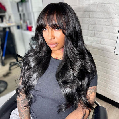 Long Body Wave With Bangs Glueless Wig Non-Lace Machine Made Natural Black Protective Style Human Hair Wigs