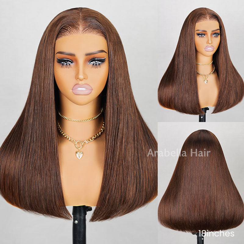 【Limited Design】Glueless 6x5 Lace Pre-Cut Dark Brown Colored Straight Bleached Knots Easy-Wear Human Hair Wigs