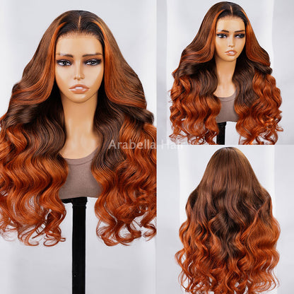 6x5 Pre-Cut Gluless &amp; 13x4 Lace Body Wave Ombre Brown Color With Ginger Color Bleached Knots Middle Part Human Hair Wigs