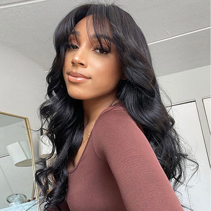 Long Body Wave With Bangs Glueless Wig Non-Lace Machine Made Natural Black Protective Style Human Hair Wigs