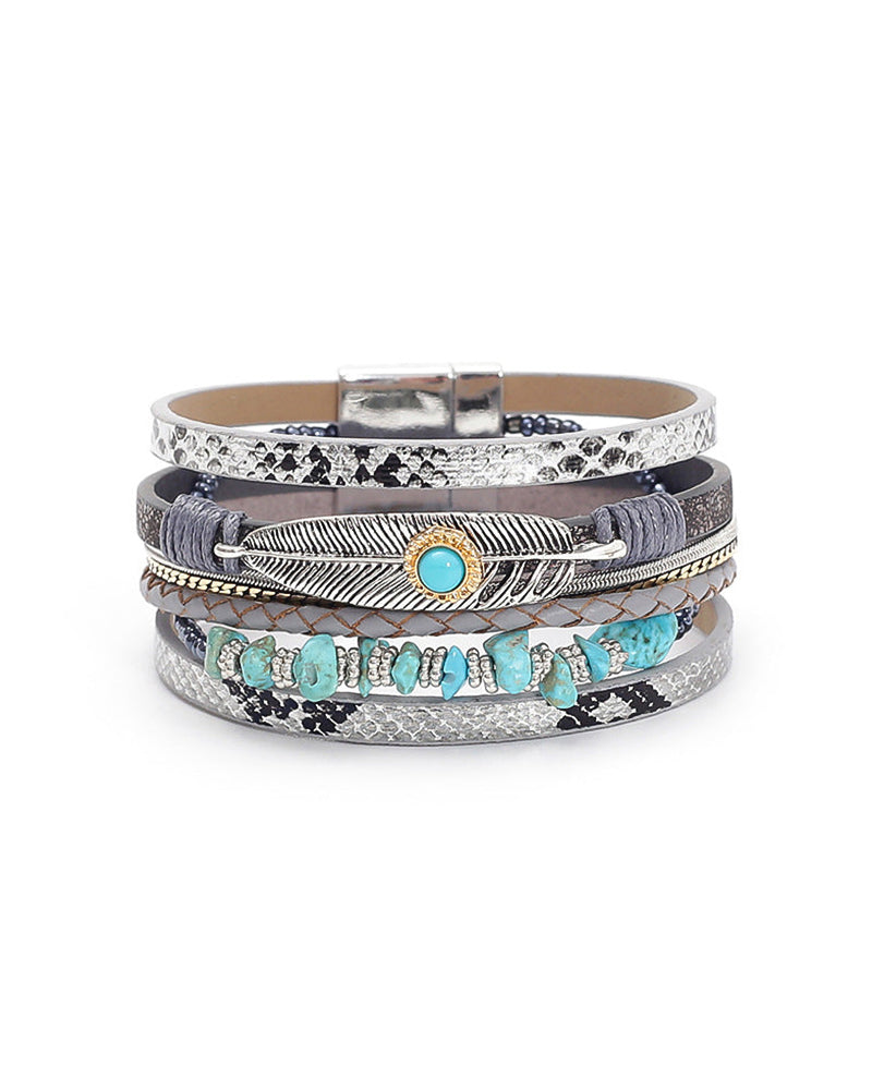 Arabella Vintage Feather Turquoise Magnet Buckle Leather Bracelet