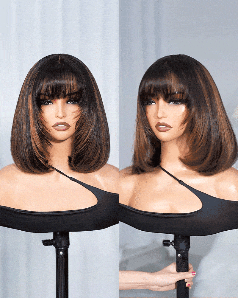 Arabella 6x6 Lace Auburn Highlights On Black Hair Straight Bob Wig with Bangs 100% Human Hair Wig