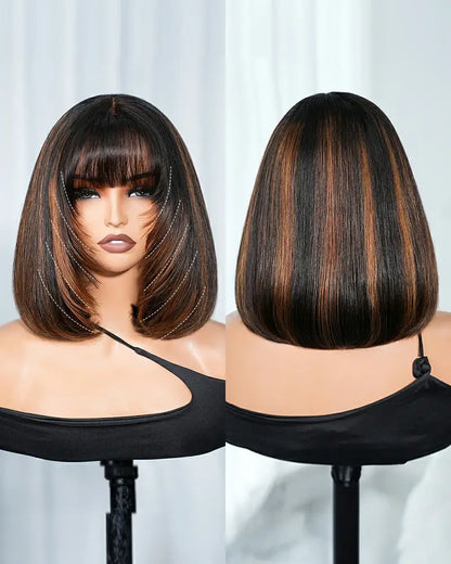 Arabella 6x6 Lace Auburn Highlights On Black Hair Straight Bob Wig with Bangs 100% Human Hair Wig