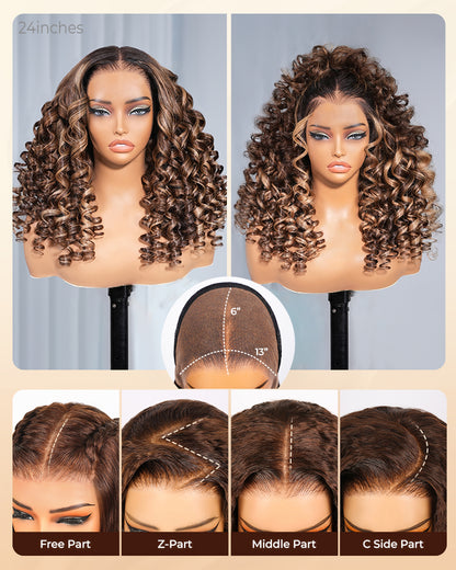 【$299 = 2 WIGS】Arabella 13x6 Three-Go™ Ombre Highlight Honey Blonde Glueless Wig Wand Curl With Drawstring 100% Human Hair Wig