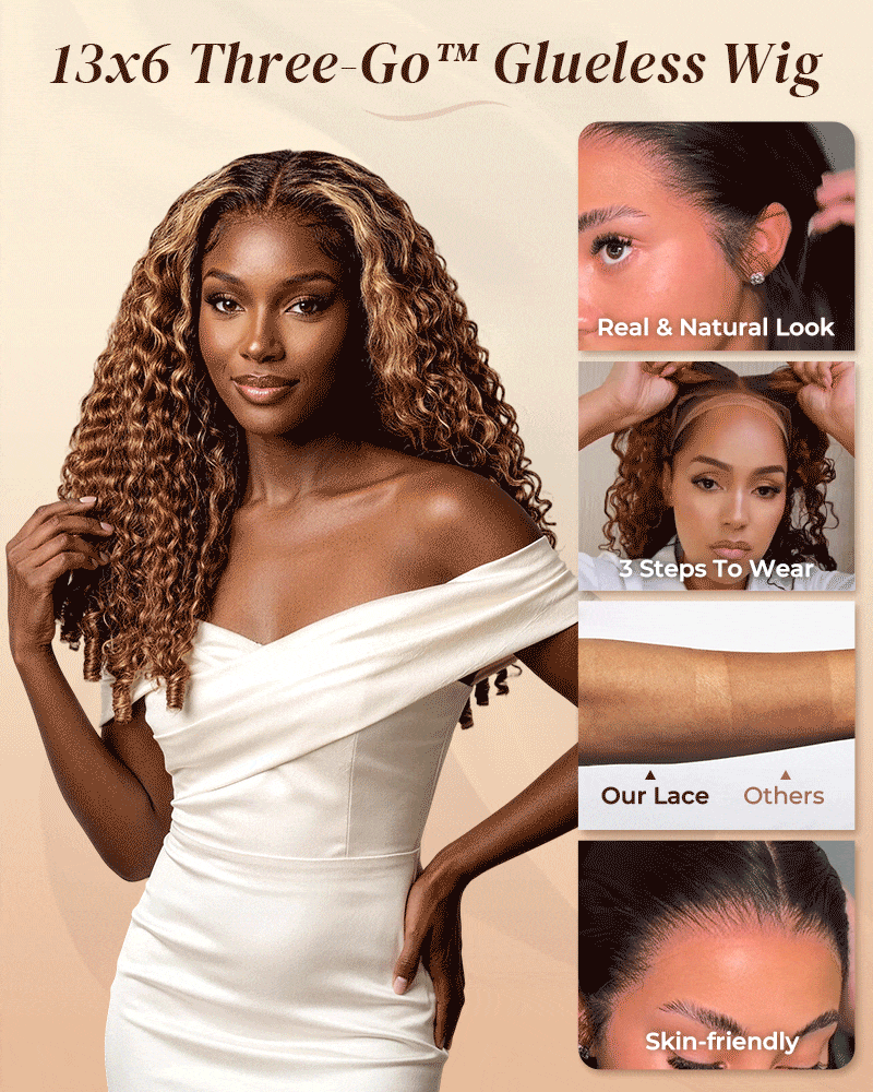 Arabella 13x6 Three-Go™ Ombre Highlight Honey Blonde Glueless Wig Jerry Curly with Burmese Curly With Drawstring 100% Human Hair Wig