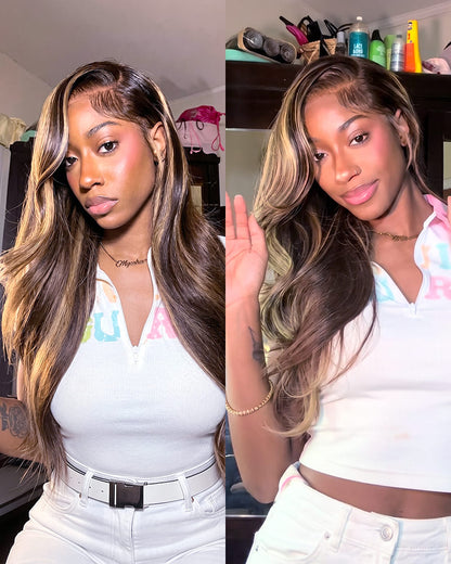 Arabella 13x6 Three-Go™ Glueless Wig Silky Straight With Drawstring Honey Blonde Highlight on Brown Wig 100% Human Hair Wig