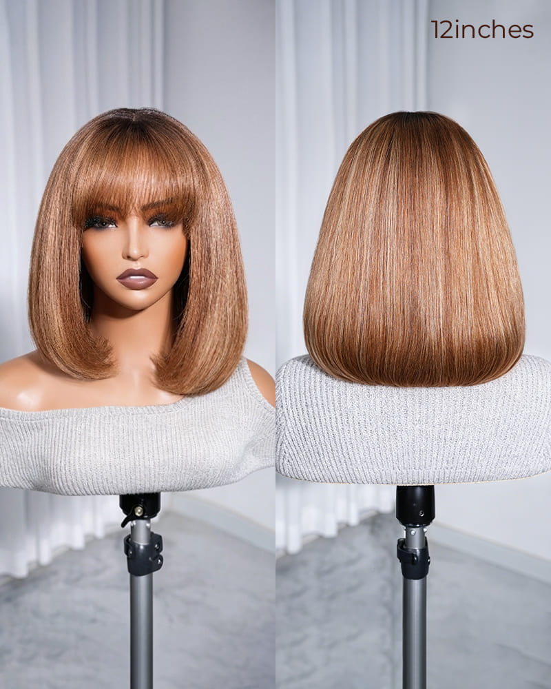 Arabella 6x6 Lace T Part Straight Bob Wig Ombre Highlight Honey Blonde with Bangs Glueless Beginner Friendly