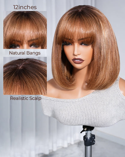 Arabella 6x6 Lace T Part Straight Bob Wig Ombre Highlight Honey Blonde with Bangs Glueless Beginner Friendly