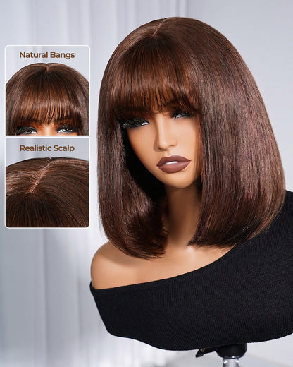 Arabella 6x6 Lace Straight Bob Wig With Bangs Chocolate Brown Glueless Beginner Friendly
