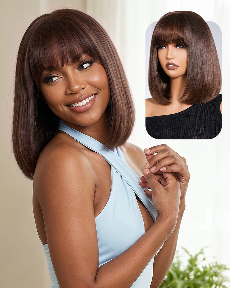 Arabella 6x6 Lace Straight Bob Wig With Bangs Chocolate Brown Glueless Beginner Friendly