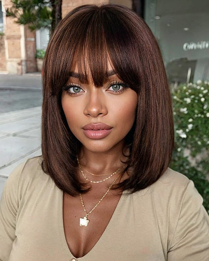 Arabella 6x6 Lace Straight Bob Wig With Bangs Chocolate Brown Glueless Beginner Friendly