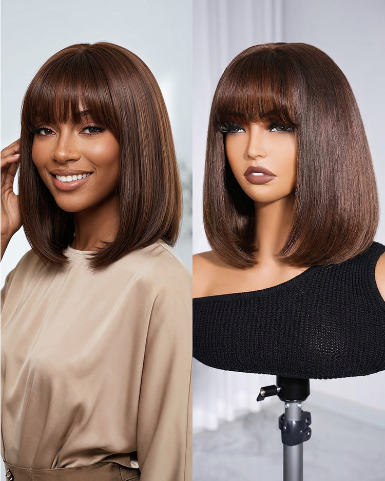 Arabella 6x6 Lace Straight Bob Wig With Bangs Chocolate Brown Glueless Beginner Friendly