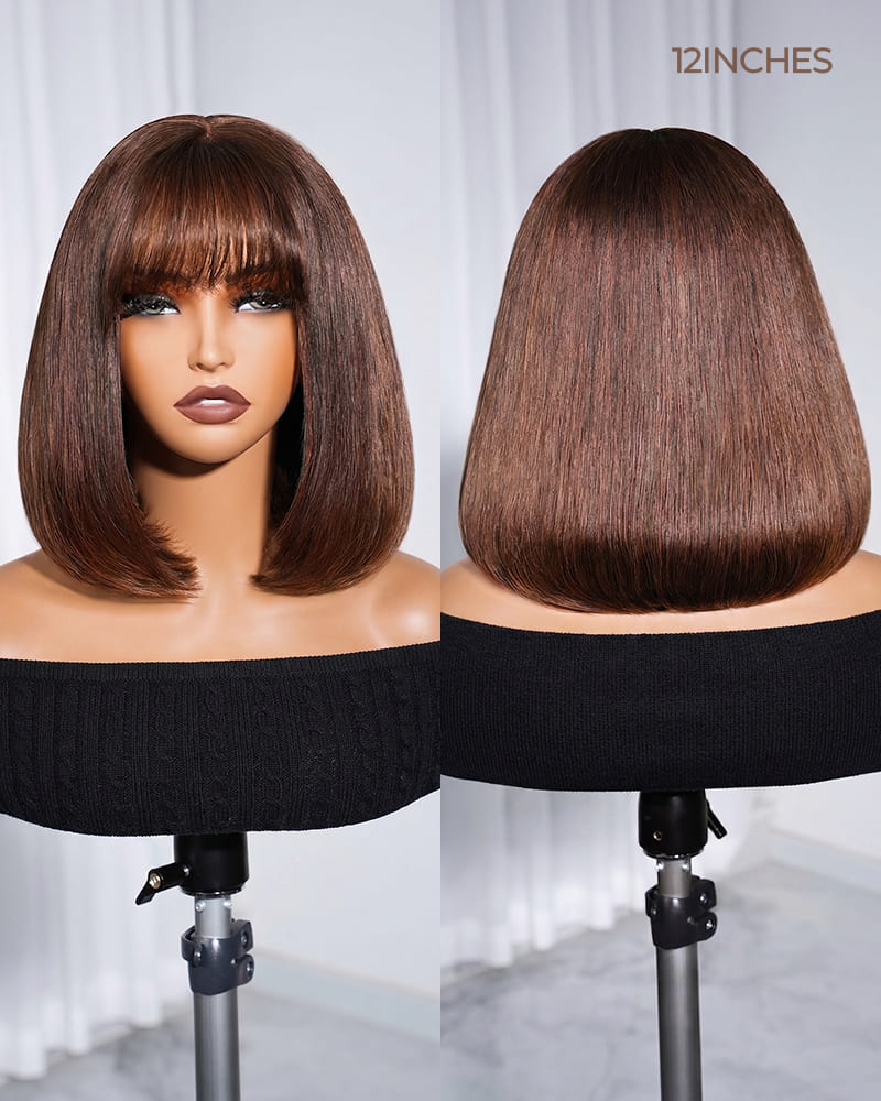 Arabella 6x6 Lace Straight Bob Wig With Bangs Chocolate Brown Glueless Beginner Friendly