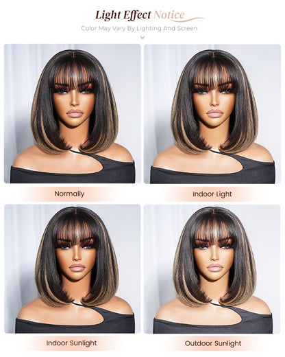 Arabella 6x6 Lace T Part Balayage Highlights On Black Hair Straight Bob Wig with Bangs 100% Human Hair Wig