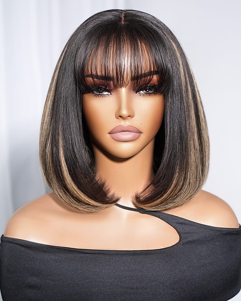 Arabella 6x6 Lace T Part Balayage Highlights On Black Hair Straight Bob Wig with Bangs 100% Human Hair Wig