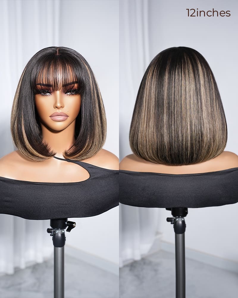 Arabella 6x6 Lace T Part Balayage Highlights On Black Hair Straight Bob Wig with Bangs 100% Human Hair Wig