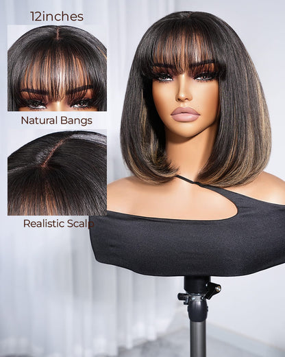 Arabella 6x6 Lace T Part Balayage Highlights On Black Hair Straight Bob Wig with Bangs 100% Human Hair Wig