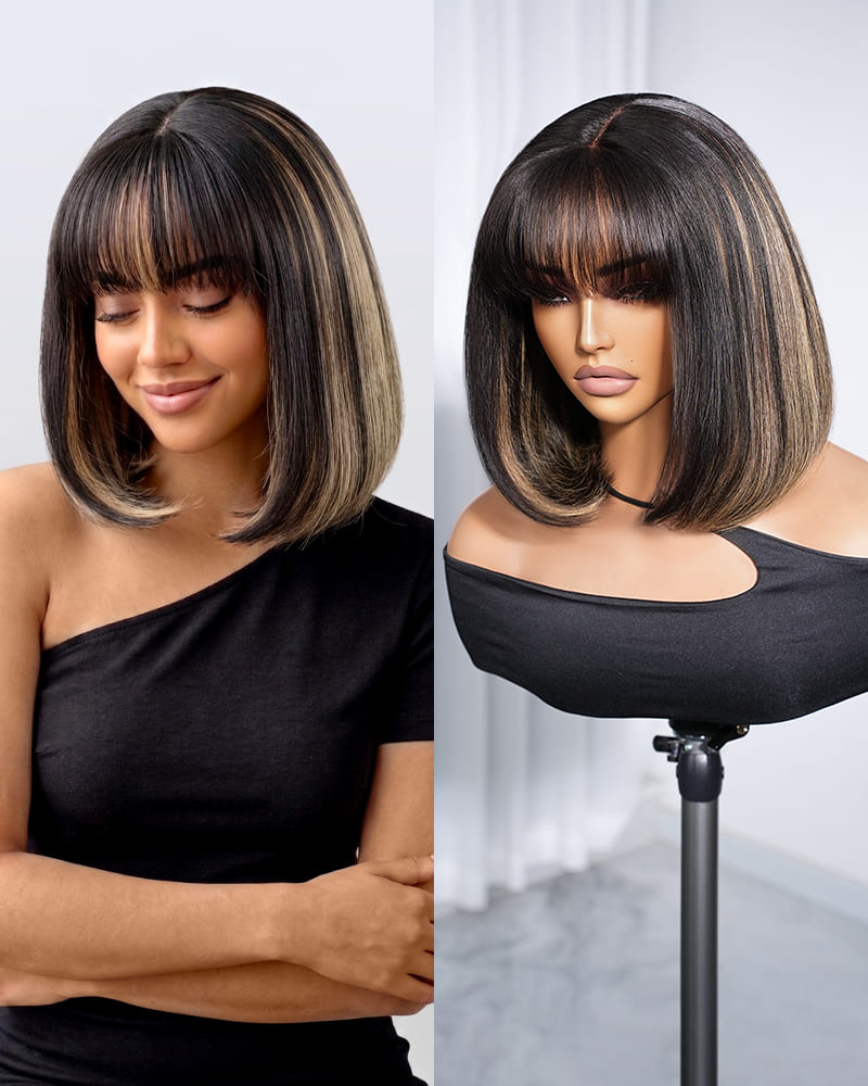 Arabella 6x6 Lace T Part Balayage Highlights On Black Hair Straight Bob Wig with Bangs 100% Human Hair Wig