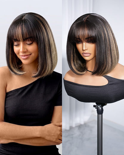 Arabella 6x6 Lace T Part Balayage Highlights On Black Hair Straight Bob Wig with Bangs 100% Human Hair Wig