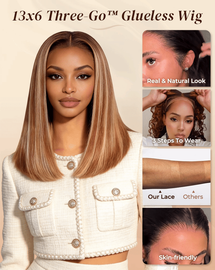 Arabella 13x6 Three-Go™ Ombre Highlight Honey Blonde Glueless Wig Straight Bob Wig With Drawstring