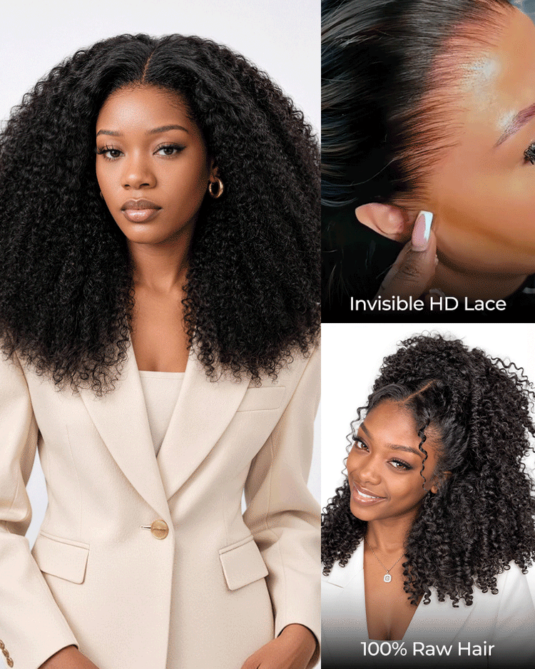 Arabella 13x6 Raw Charm Luxe™ Invisible HD Lace Glueless Wig 300% High Density Super Double Drawn Afro Curly Natural Black 100% Raw Human Hair
