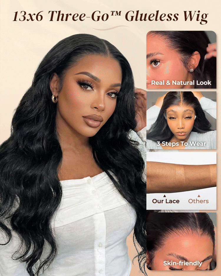 Arabella 13x6 Three-Go™ Glueless Wig Body Wave With Drawstring Natural Black 100% Human Hair Wig